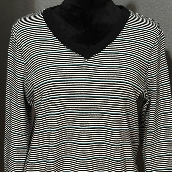 Kim Rogers Women’s XL Top Black White Striped V-Neck 100% Cotton Classic - Picture 2 of 8